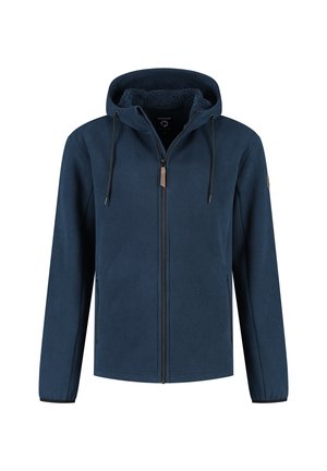 Veste à capuche zippée bleu marine avec cordons de serrage, tissu texturé et doublure en polaire à l'intérieur de la capuche, présentée sur un fond blanc.