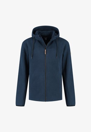 Navy blue zip-up hooded jacket with drawstrings, textured fabric, and fleece lining inside the hood, displayed on a white background.