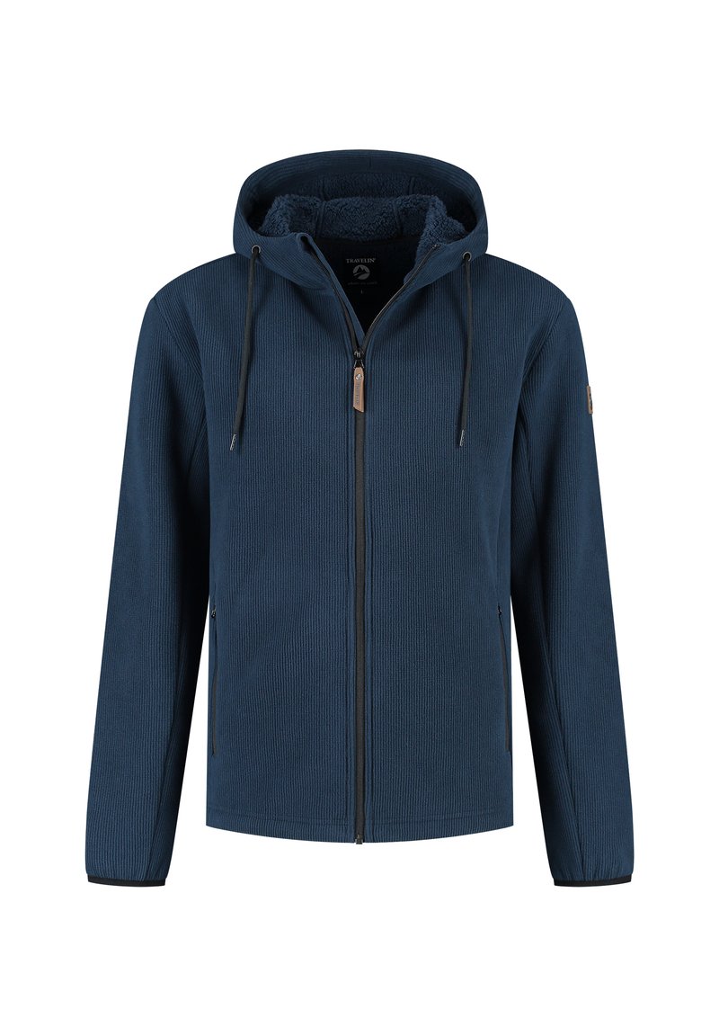 Donkerblauwe opwaartse rits hoodie met trekkoorden, textielstof en fleecevoering binnenin de hoodie, weergegeven op een witte achtergrond.