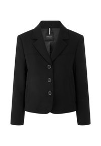 Schwarzer Blazer aus glattem Stoff mit Reverskragen, vier Knöpfen und zwei Seitentaschen. Klassisches und strukturiertes Design.