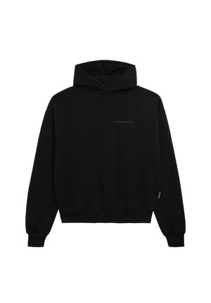 Black hooded sweatshirt, made of soft fabric, features a front pocket, ribbed cuffs and hem, with a subtle "PROHIBITED" print on the chest.
