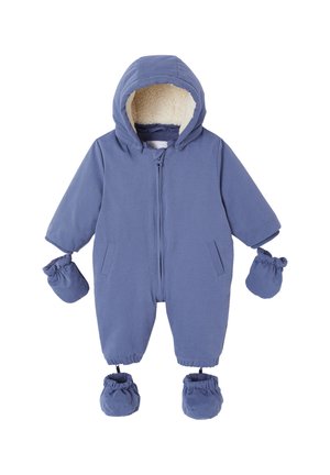 Blaue, gefütterte Einteiler mit Kapuze, elastischen Bündchen, zwei seitlichen Taschen sowie passenden Fäustlingen und Stiefeln.