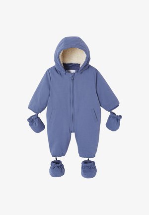 Blue hooded one-piece outfit with a fleece lining, elasticated cuffs, two side pockets, and matching mittens and booties.