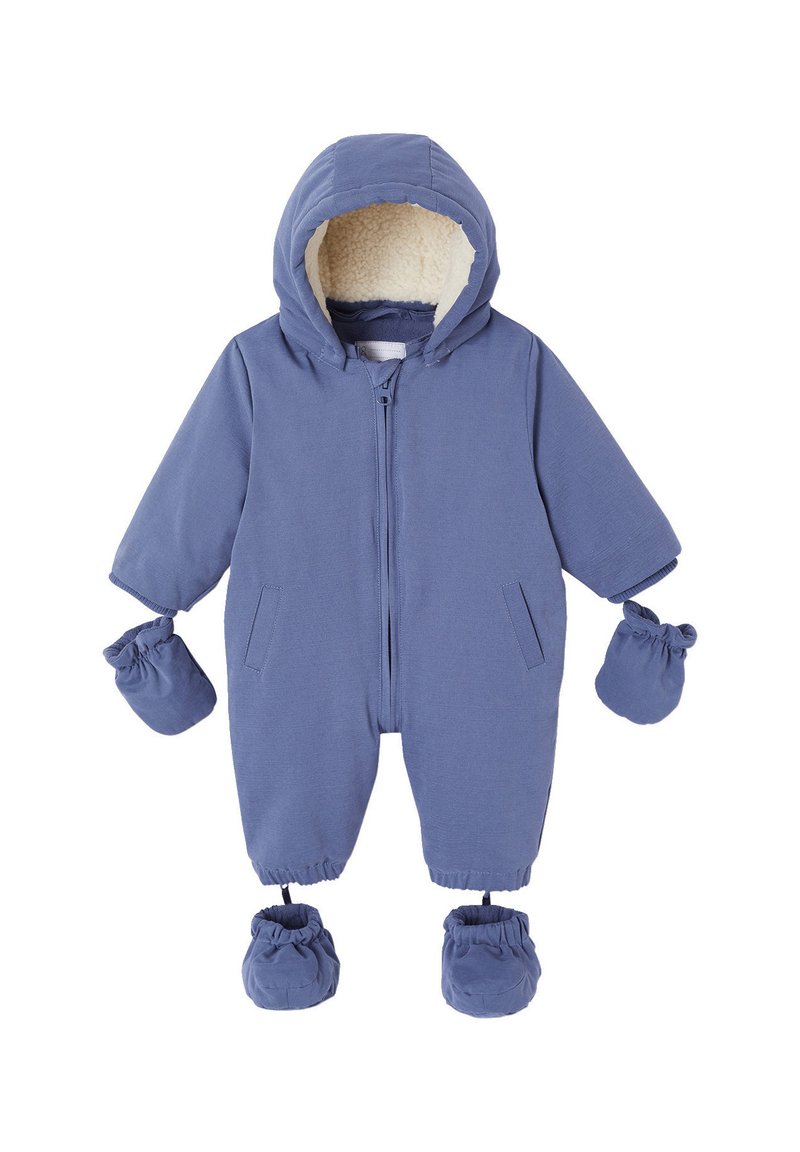 Blue hooded one-piece outfit with a fleece lining, elasticated cuffs, two side pockets, and matching mittens and booties.