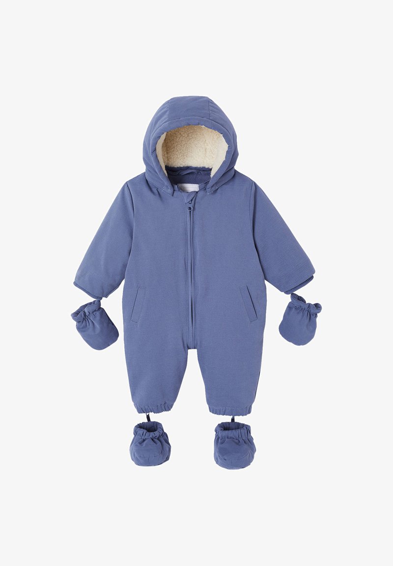 Blue hooded one-piece outfit with a fleece lining, elasticated cuffs, two side pockets, and matching mittens and booties.