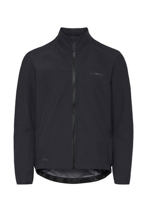 Schwarze, langärmlige Radjacke mit durchgehendem Frontreißverschluss, hohem Kragen und reflektierendem VAUDE-Logo auf der Brust, für den Außeneinsatz konzipiert.