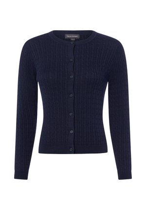 Marineblauer Strickcardigan mit Zopfmuster, langen Ärmeln, rundem Ausschnitt und vorderer Knopfleiste.