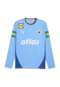 Hellblaues Langarmshirt mit Rundhalsausschnitt, versehen mit einem 'Puma'-Logo, dem Text 'atlas' und Sponsor-Logos auf den Ärmeln und der Brust.