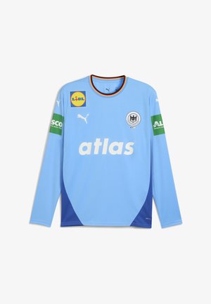 Lichtblauwe lange mouwen jersey met een ronde halslijn, voorzien van een 'Puma' logo, 'atlas' tekst en sponsorlogo's op de mouwen en de borst.