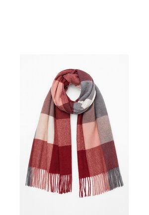 Checked scarf in shades of red, pink, gray, and cream. Soft texture with fringed edges, rectangular shape, suitable for winter wear.