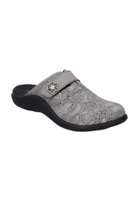 Grauer Slipperschuh mit floralem Muster, strukturiertem Obermaterial und schwarzer Sohle. Verfügt über einen dekorativen Riemen mit silberner Blumenakzentuierung.