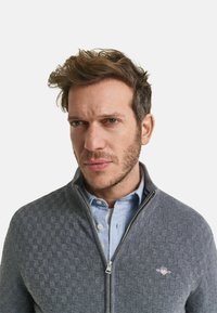 Grauer Reißverschluss-Pullover mit einem strukturierten Karomuster, ausgestattet mit einem Stehkragen und einem Logo auf der linken Brust, getragen über einem hellblauen Hemd.