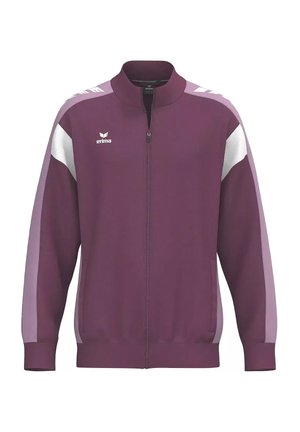 Giacca sportiva viola con cerniera, con strisce rosa chiaro e bianche sulle maniche e logo Erima sul petto sinistro.
