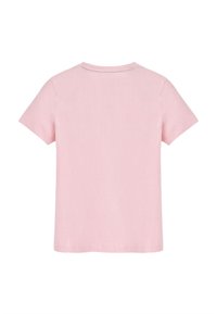 Kurzarm-T-Shirt aus hellrosa Baumwolle. Mit Rundhalsausschnitt und lässiger Passform. Glatte Textur ohne Muster oder Verzierungen.
