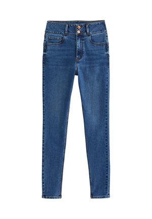 Jean skinny en denim bleu foncé avec taille haute, deux poches avant, fermeture à deux boutons et détails de couture subtils.