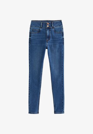 Dark blue denim skinny jeans with a high waist, two front pockets, two button closure, and subtle stitching details.