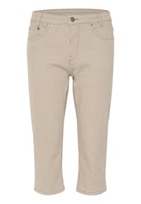 Beige striped cropped pants featuring a button closure, five-pocket design, and cuffed hems made from soft cotton material.