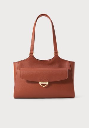 Brown leather tote bag with long handles, front flap pocket, and gold heart-shaped clasp engraved with "Love Moschino."