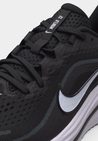 Chaussure de course noire Nike avec logo Swoosh blanc, lacets noirs, tige en mesh respirant et étiquette "WINFLO 12" sur la languette.
