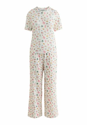 Hvid kortærmet top og bukser i pyjamas med farverige små tryk af sløjfer, kroner, stjerner, blomster og hestesko.
