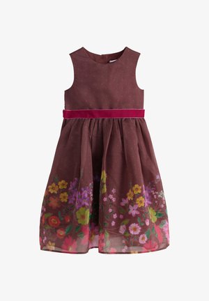 Ärmelloses braunes Mädchenkleid mit pinken Punkten, einem dunkelrosa Taillengürtel und leuchtenden Blumenmustern am unteren Rockteil.