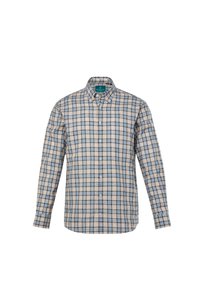 Camicia a maniche lunghe a quadri in beige, blu e bianco. Presenta un colletto con bottoni, bottoni frontali e una vestibilità rilassata. Realizzata in tessuto leggero.