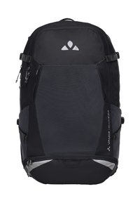 Zaino nero con un design testurizzato, caratterizzato da accenti riflettenti, molteplici tasche con zip e spallacci regolabili per un trasporto confortevole.