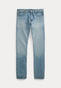 Hellblaue Slim-Fit-Jeans aus Denim mit Vorderentaschen und Gürtelschlaufen, flach auf weißem Hintergrund liegend.