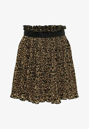 Plisseret nederdel med leopardprint, flæset elastisk sort taljebånd og en let udvidet kant.