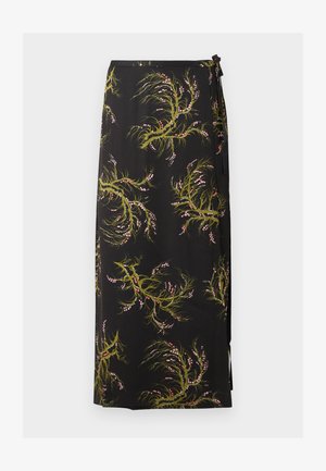 Black midi wrap skirt with green and pink botanical branch patterns and side tie closure.