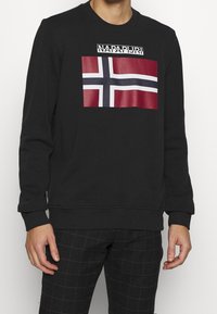Sudadera negra de cuello redondo con un gráfico de la bandera noruega en rojo y blanco y el texto "NAPAPIJRI" en la parte superior. Confeccionada con una tela suave y de ajuste relajado.