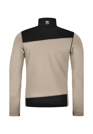 Light beige long-sleeve pullover with black accents on the shoulders and collar, featuring a smooth texture and a half-zip design.