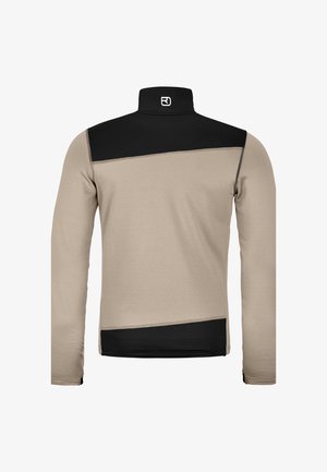 Light beige long-sleeve pullover with black accents on the shoulders and collar, featuring a smooth texture and a half-zip design.