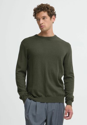 Jonge man met krullend haar die een donkergroene trui en grijze broek met fijne strepen draagt, staat met één hand in zijn zak.