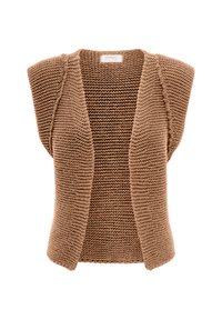 Bruine gebreide vest met open voorkant, zonder mouwen, met een getextureerd patroon en geribbelde randen voor extra detail. Label zichtbaar bij de hals.