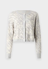 Lys grå kortermet cardigan med teksturert kremfarget abstrakt mønster, featuring knappfront og ribbestrikkede mansjetter og hem.