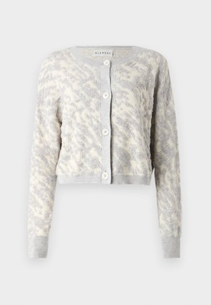 Heledhall halltooni lühike kardigan, millel on tekstuuriline koorikreemine abstraktne muster, nupuga esiosa ning ribaga mansetid ja alläär.