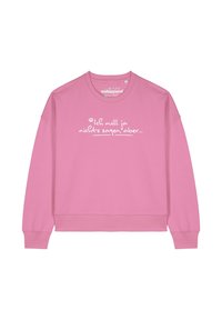 Roze sweatshirt van zacht materiaal, met een ronde hals, lange mouwen en witte bedrukte tekst in een casual schrift over de voorkant.