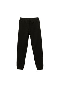 Zwarte sweatpants van zachte stof, met een elastische tailleband met trekkoord en ribgebreide boorden bij de enkels. Eenvoudig ontwerp, geen patronen.