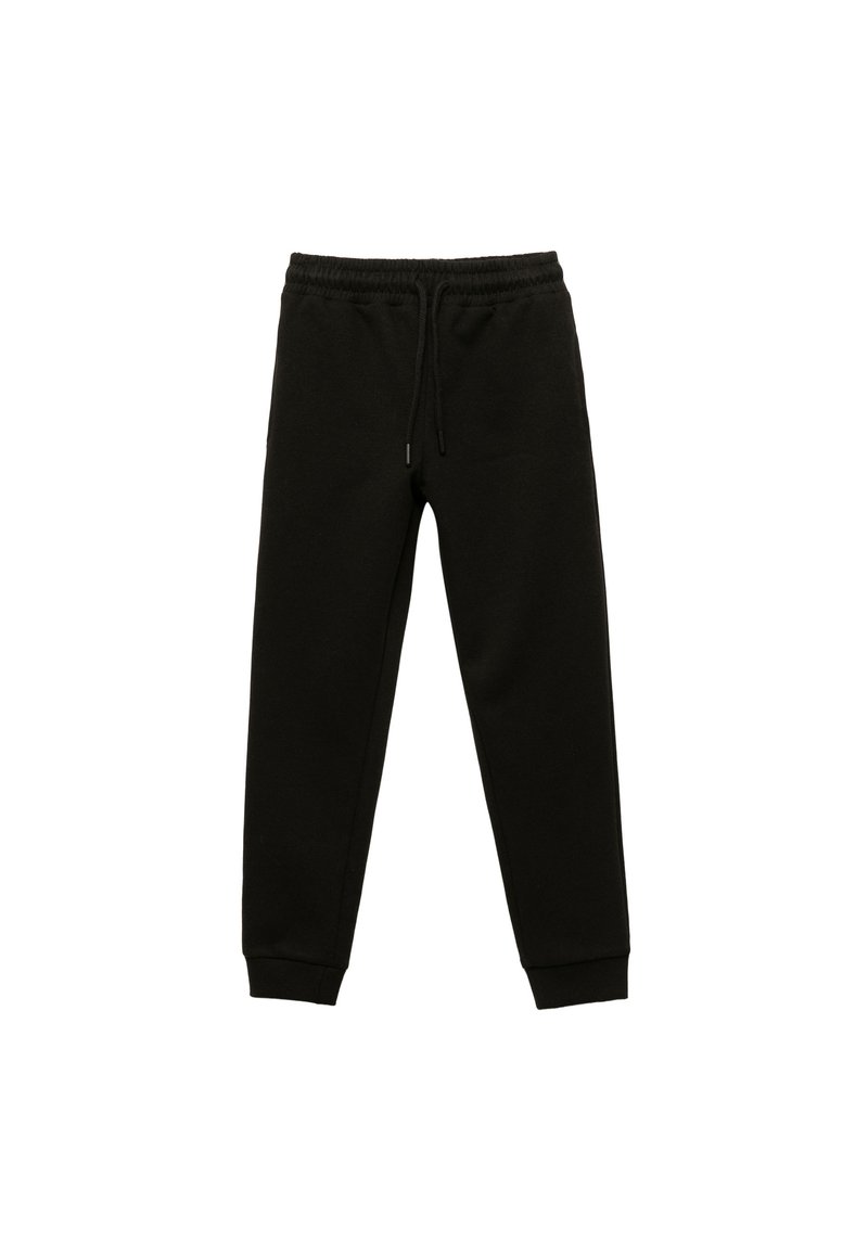 Zwarte sweatpants van zachte stof, met een elastische tailleband met trekkoord en ribgebreide boorden bij de enkels. Eenvoudig ontwerp, geen patronen.
