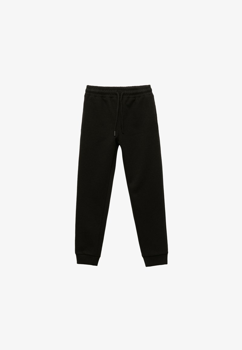 Zwarte sweatpants van zachte stof, met een elastische tailleband met trekkoord en ribgebreide boorden bij de enkels. Eenvoudig ontwerp, geen patronen.