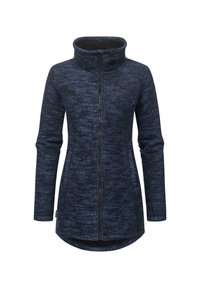 Veste en polaire bleu foncé à manches longues, col montant, fermeture éclair complète devant et poches latérales, s’étendant légèrement au-delà des hanches.