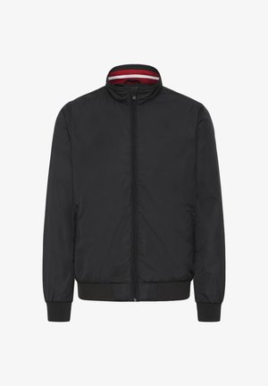 Schwarze Bomberjacke mit Reißverschluss vorne, geripptem Kragen und Bündchen. Glattes Material mit seitlichen Taschen und kontrastierendem Innenfutter.