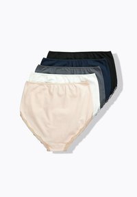 Cinq paires de culottes en coton pour femmes dans des teintes de noir, marine, gris, blanc et rose pâle, avec des finitions en dentelle sur les bords.