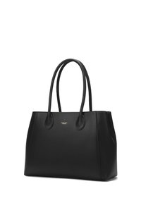 Sac fourre-tout en cuir noir avec deux longues poignées, texture lisse, bords arrondis et un logo subtil à l'avant. Design intérieur spacieux.