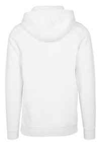 Weißer Kapuzenpullover mit langen Ärmeln, gerippten Bündchen und einem gerippten Saum. Glatte Stofftextur, einfaches Design ohne Muster oder Akzente.