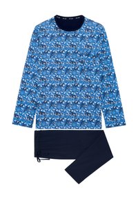Blauses langärmliges Hemd mit einem Blättermuster, kombiniert mit marineblauen Sweatpants mit einem verstellbaren Kordelzug. Weicher Baumwollstoff.