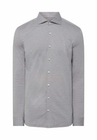 Hellgraues, langärmliges Hemd mit Knopfleiste aus strukturiertem Stoff, mit klassischem Kragen und sechs vorderen Knöpfen.