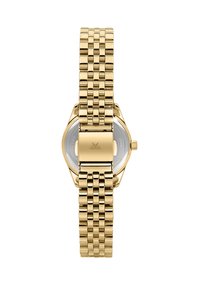 Orologio in metallo color oro con bracciale decorato, cassa rotonda e chiusura. Presenta un fondello in acciaio inossidabile e un design minimalista.