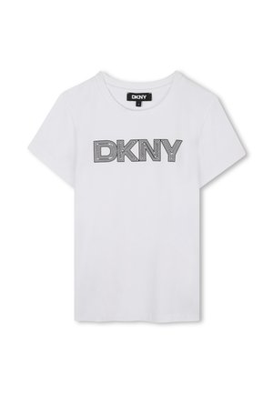 Witte katoenen t-shirt met een gedurfde zwarte "DKNY" logo op de borst, korte mouwen en een casual ronde hals.